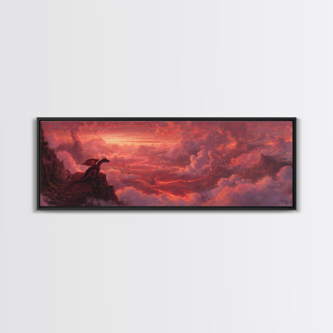 Red Dragon On Volcanic Cliff Wall Art, Dark Fantasy Landscape Canvas Print, Gothic Decor, Moody Panoramic Art Gift For Him