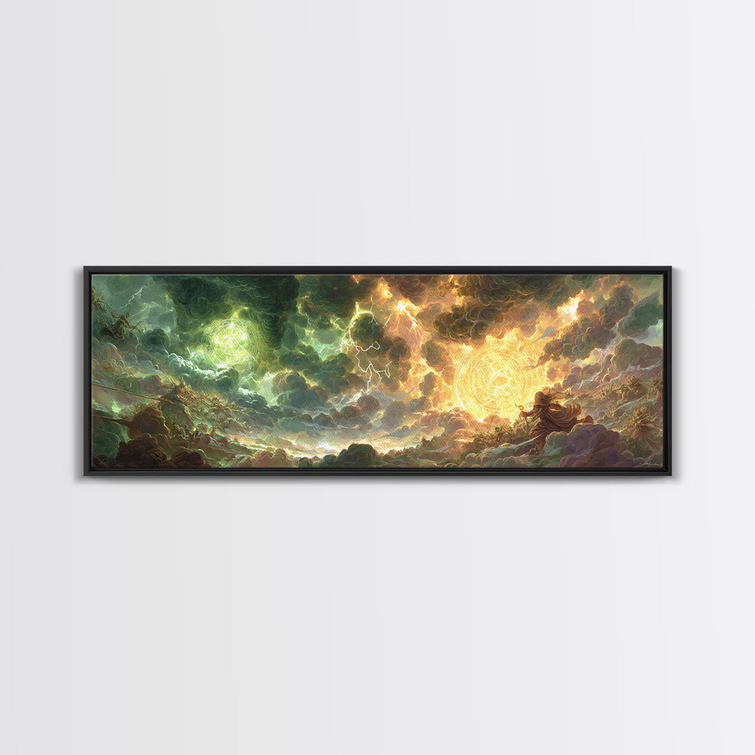 Celestial Storm Kingdom With Golden Light Framed Canvas Print, Fantasy Wall Art, Surreal Landscape Decor, Epic Gift For Him