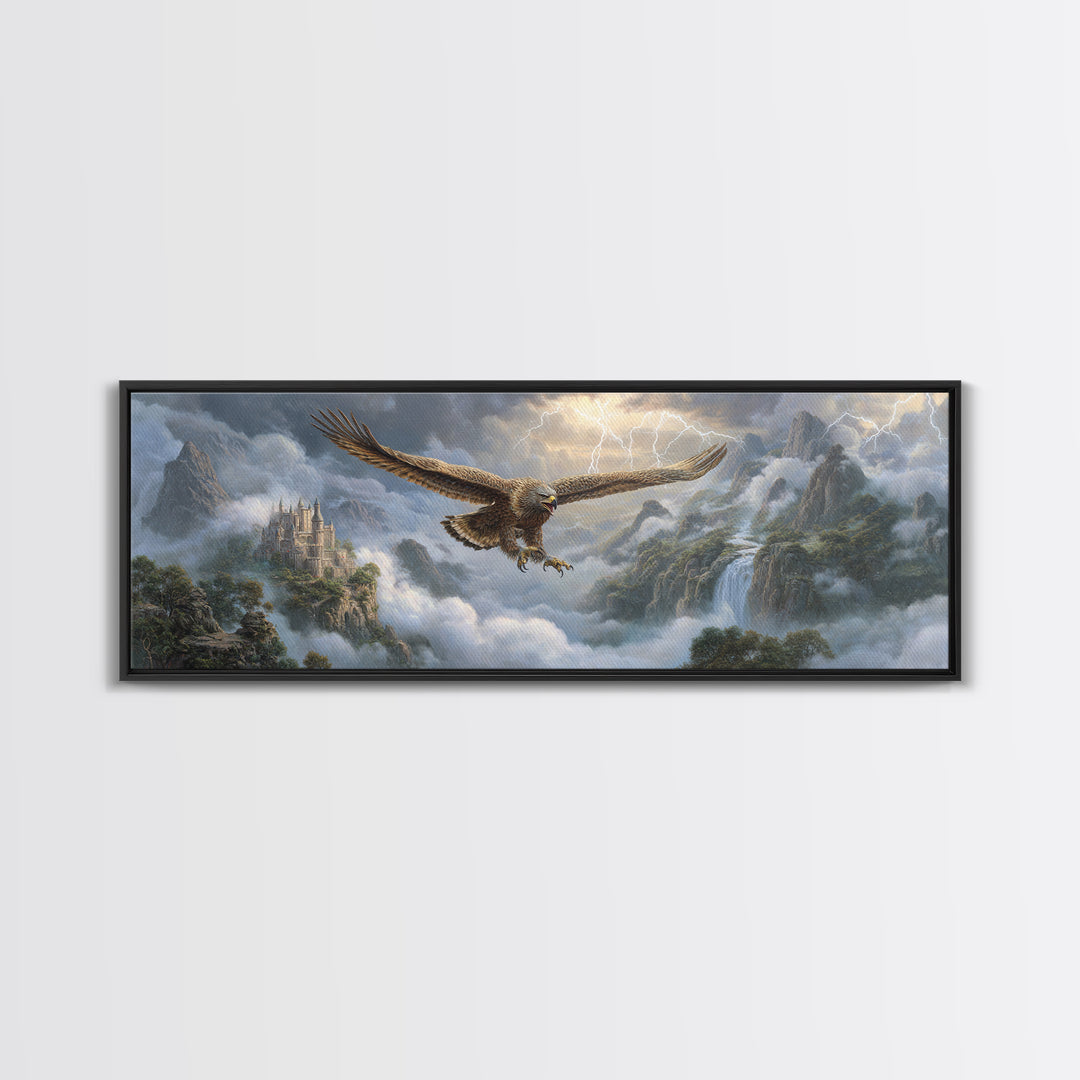 Soaring Eagle Over Misty Castle Mountains Framed Canvas Print, Fantasy Landscape Wall Art, Stormy Medieval Home Decor Gift