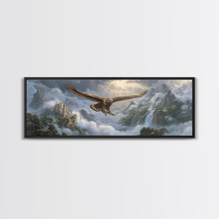 Soaring Eagle Over Misty Castle Mountains Framed Canvas Print, Fantasy Landscape Wall Art, Stormy Medieval Home Decor Gift