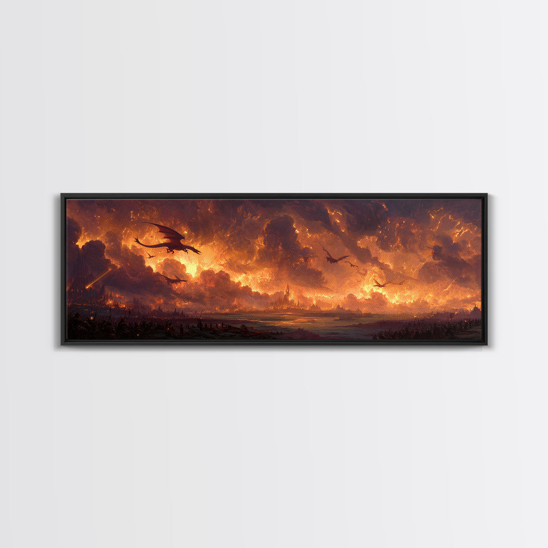 Fiery Dragons Over Apocalyptic Kingdom Framed Canvas Print, Dark Fantasy Wall Art, Epic Dragon Battle Home Decor For Game Room