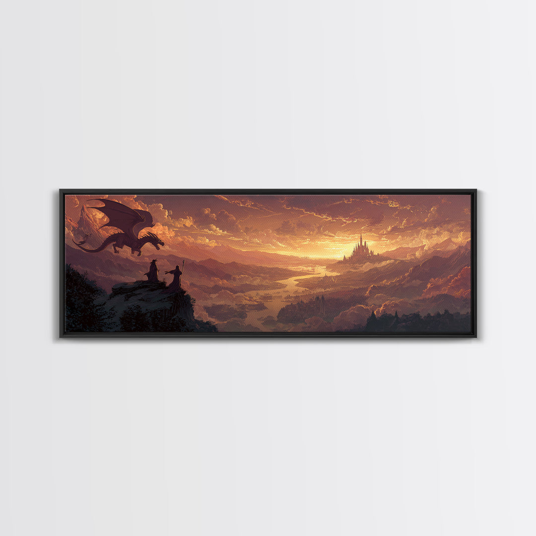 Sunset Dragon Watchers Above Golden Valley Canvas Print, Fantasy Landscape Wall Art, Medieval Castle Home Decor Gift For Him