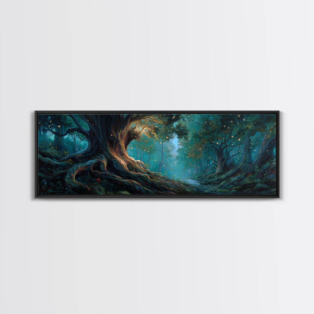 Ancient Glowing Tree In Enchanted Forest Framed Canvas Print, Fantasy Woodland Wall Art, Moody Nature Home Decor Gift For Her