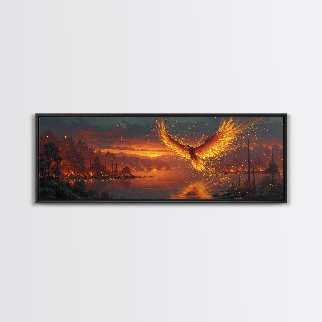 Fiery Phoenix Rising Over Burning Lake Framed Canvas Print, Fantasy Bird Wall Art, Large Vibrant Nature Home Decor Gift For Her