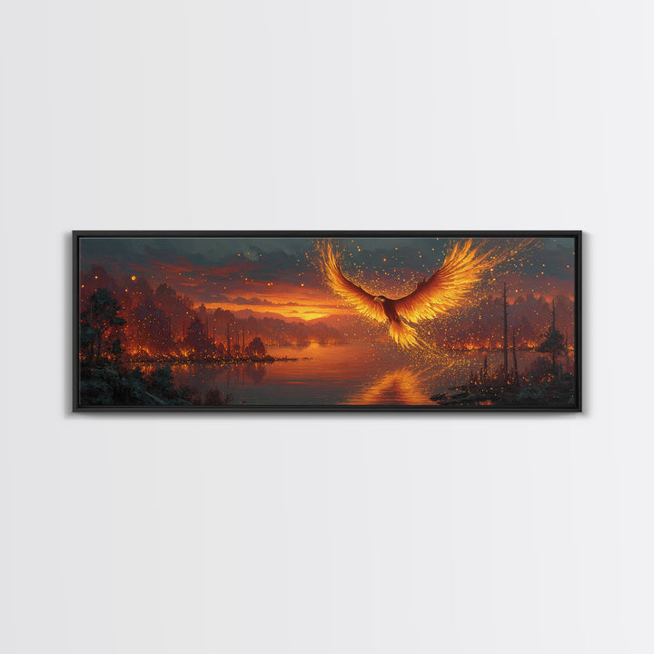 Fiery Phoenix Rising Over Burning Lake Framed Canvas Print, Fantasy Bird Wall Art, Large Vibrant Nature Home Decor Gift For Her