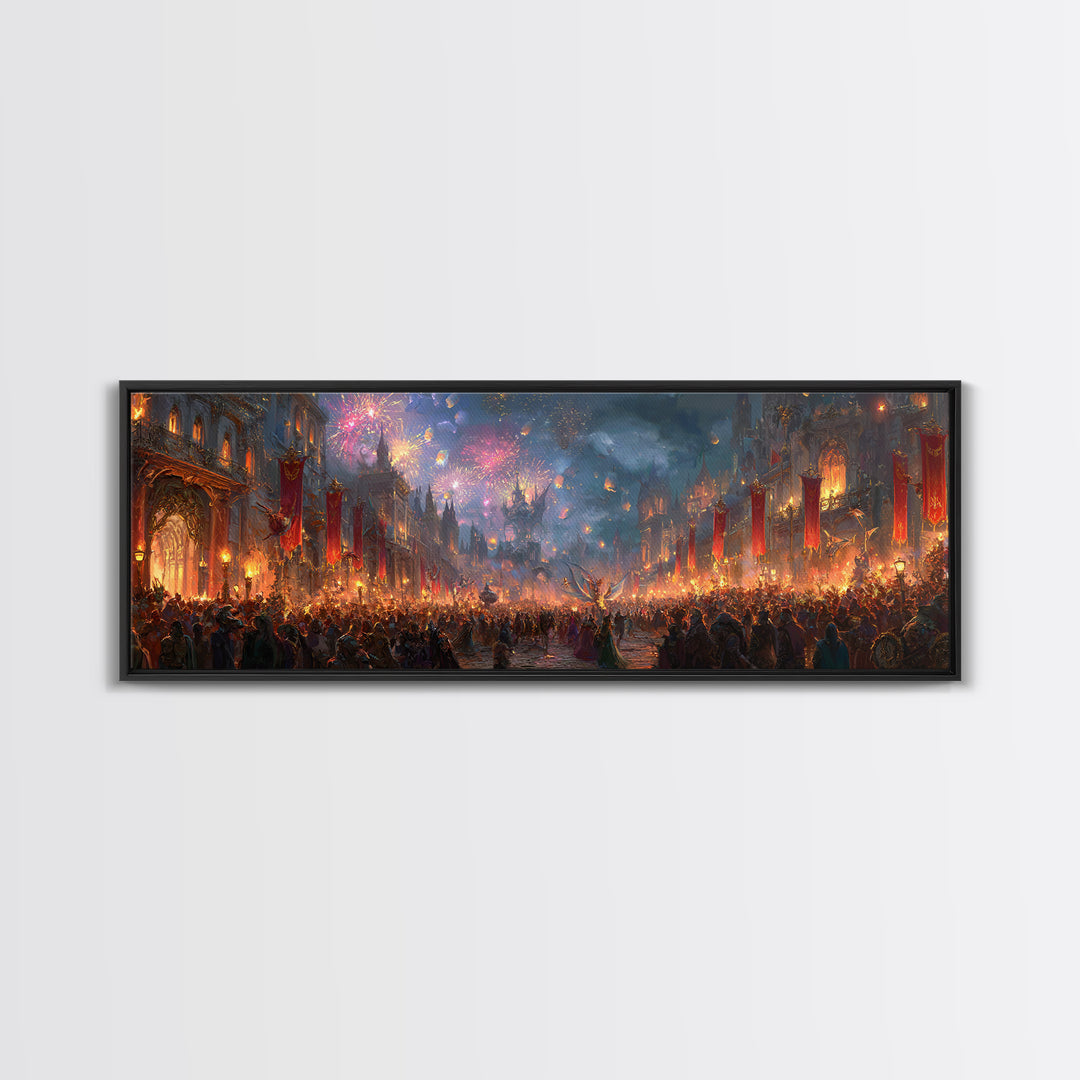 Firework Festival In Magical Medieval City Canvas Print, Fantasy City Wall Art, Maximalist Living Room Home Decor Gift Idea