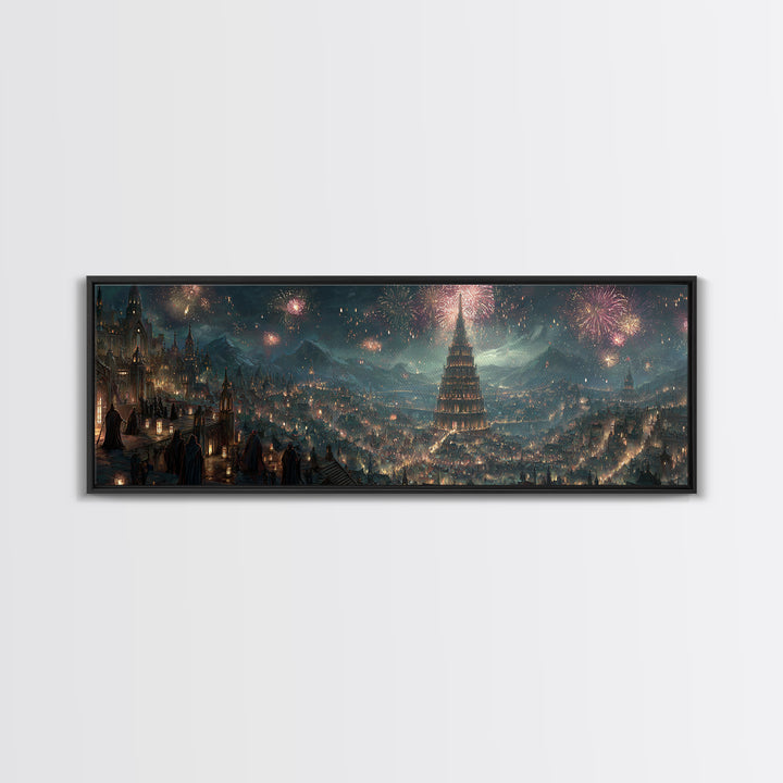 Grand Fantasy City With Fireworks And Tower Framed Canvas Print, Magical Castle Wall Art, Night Skyline Home Decor Gift For Her