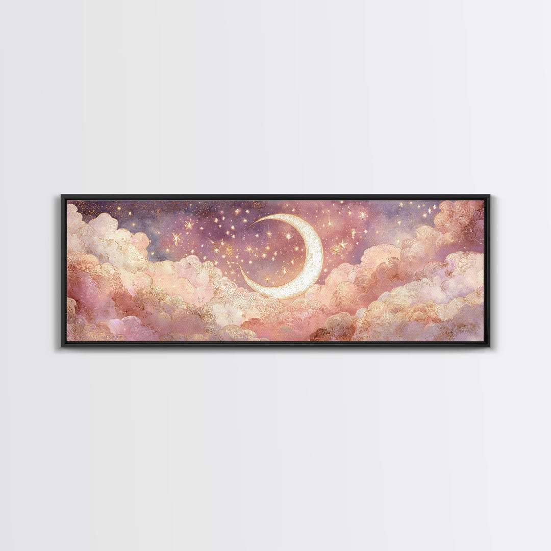 Glowing Crescent Moon In Pink Clouds Wall Art, Dreamy Celestial Nursery Decor, Whimsical Bedroom Decor, Framed Canvas Print