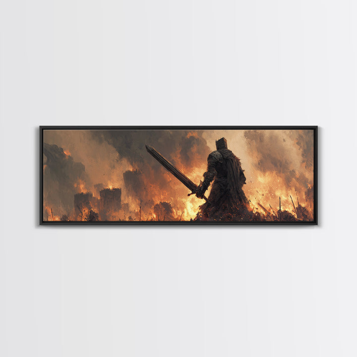 Epic Knight Dark Fantasy Sword Warrior Fire Castle Scene Canvas Print Wall Art For Medieval And Fantasy Home Decor