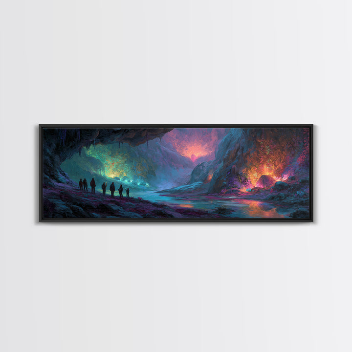 Mystical Illuminated Cave Explorers Awesome Fantasy Landscape Artwork Canvas Print Wall Art For Unique Home Decor