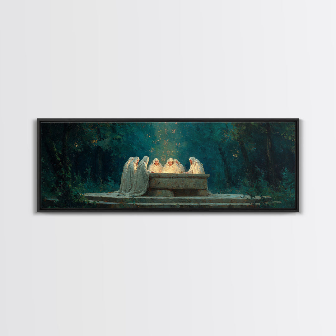 Spiritual Gathering Of Monks Around Glowing Stone Altar Framed Canvas Print