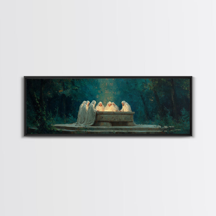 Spiritual Gathering Of Monks Around Glowing Stone Altar Framed Canvas Print