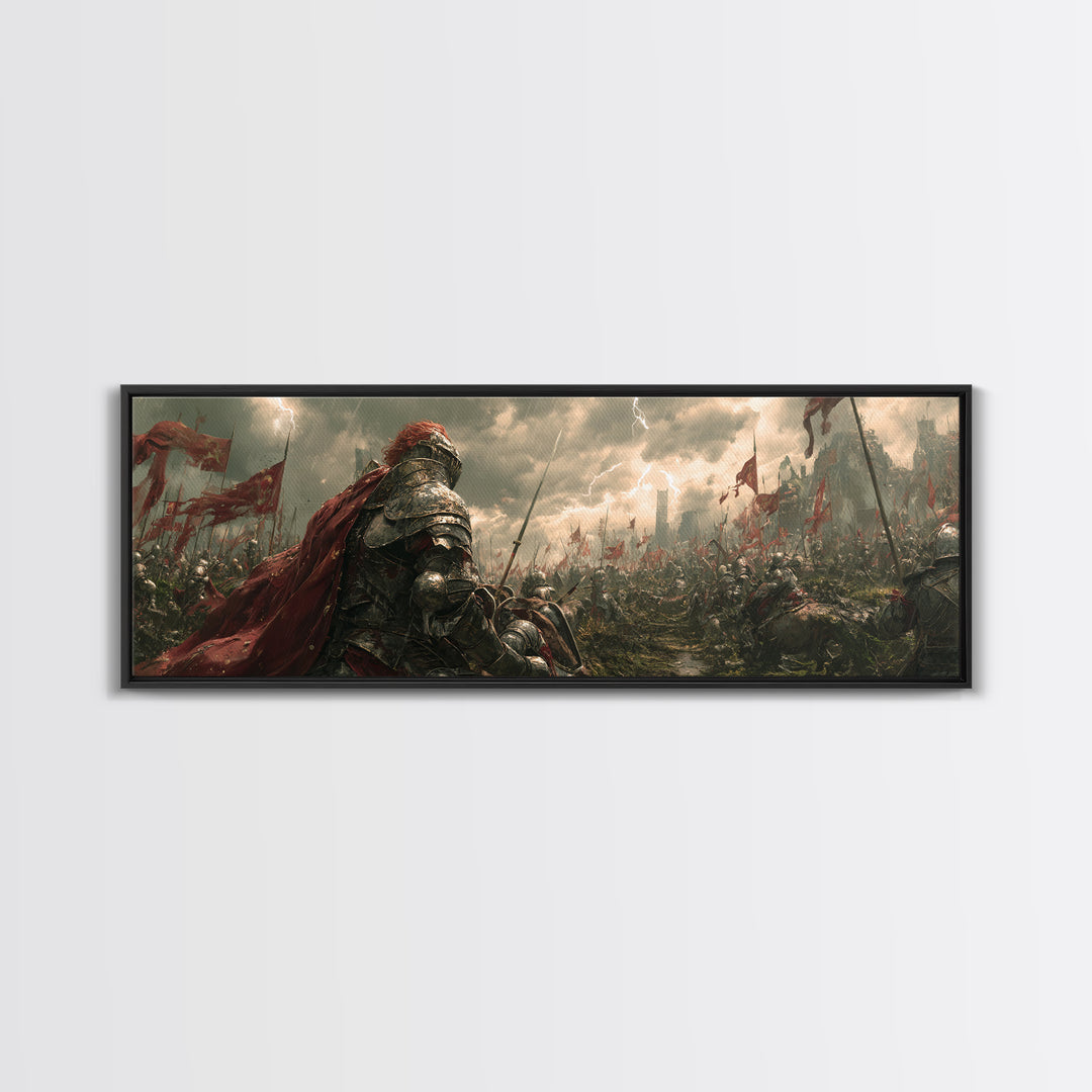 Armored Knight On Stormy Battlefield Framed Canvas Print, Medieval Fantasy Wall Art, Warrior Decor, Gift For Him, Man Cave Decor