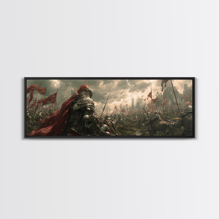 Armored Knight On Stormy Battlefield Framed Canvas Print, Medieval Fantasy Wall Art, Warrior Decor, Gift For Him, Man Cave Decor