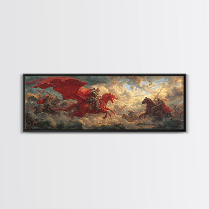 Red Cavalry Charge Across Battlefield Framed Canvas Print, Medieval Fantasy Wall Art, Warrior Decor, Statement Artwork Gift