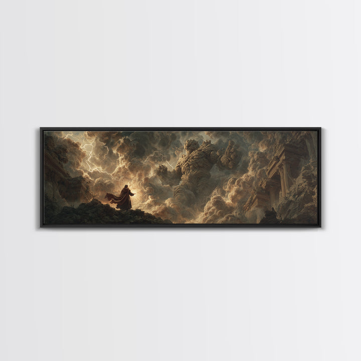 Dramatic Stormy Scene With Giant Stone Creature And Wizard Fantasy Painting Canvas Print Statement Wall Art For Fantasy Fans