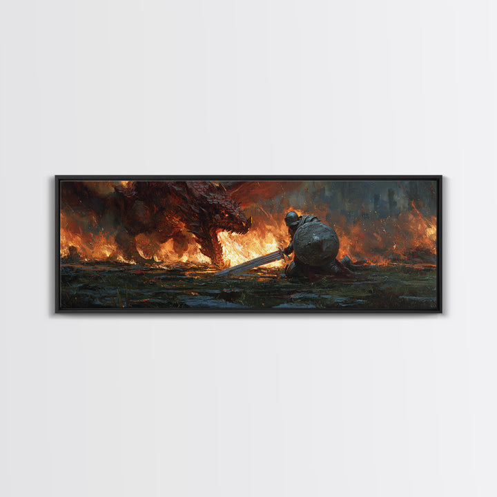 Heroic Knight Facing Fiery Dragon Fantasy Battle Scene Canvas Print Modern Wall Art For Living Room Or Game Room Decor