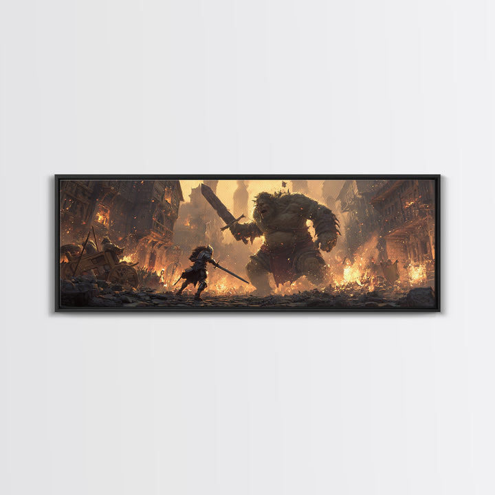 Fantasy Art Scene Of Knight Fighting Giant Ogre In Burning Medieval Town Wall Art Framed Canvas Print