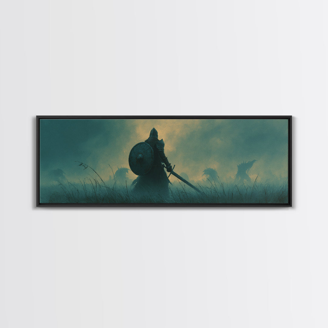 Brave Knight Standing Before Shadowy Dragon Figures Surrounded By Fog Canvas Print Large Wall Art For Dark Fantasy Decor