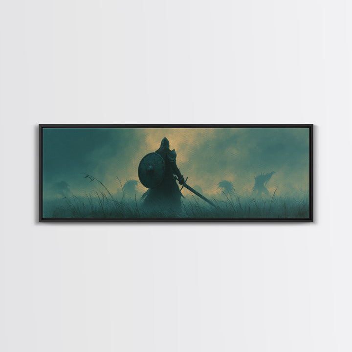Brave Knight Standing Before Shadowy Dragon Figures Surrounded By Fog Canvas Print Large Wall Art For Dark Fantasy Decor