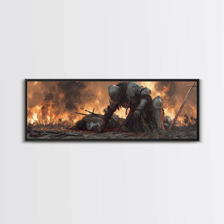 Epic Knight And Fallen Warrior Medieval Battle Scene Dramatic Oil Painting Style Wall Art Canvas Print