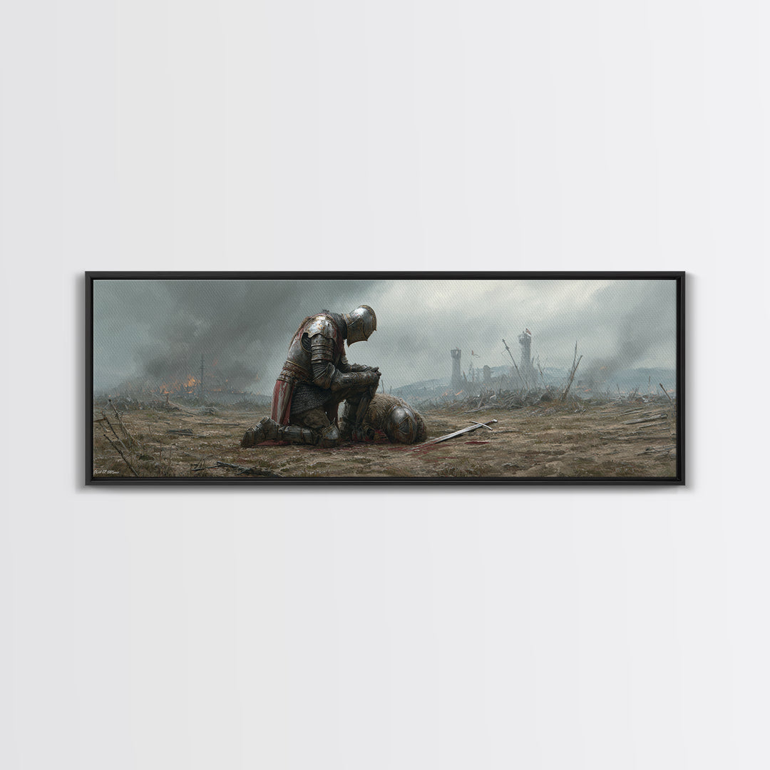 Medieval Knight Mourning Fallen Comrade Battlefield Scene Oil Painting Canvas Print Wall Art For Decor