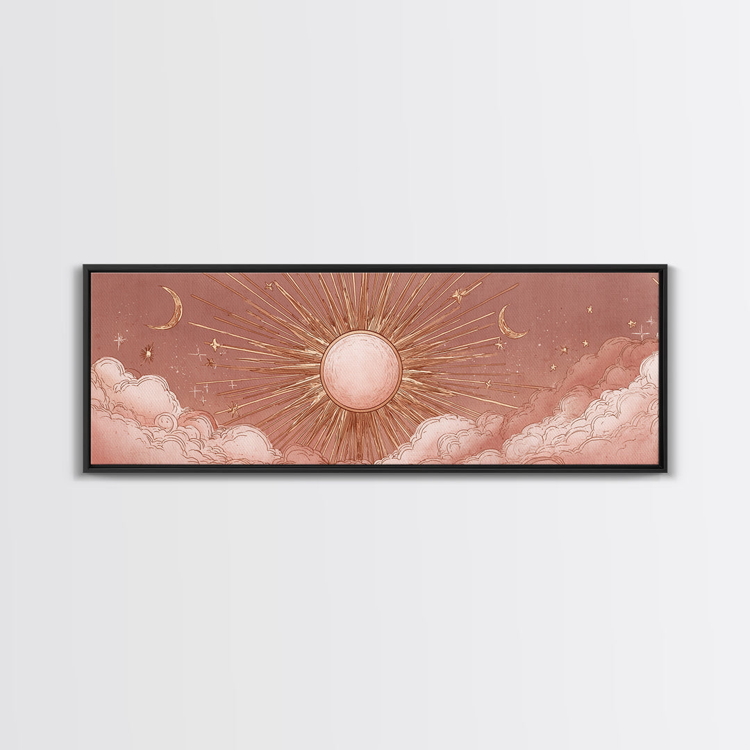 Rose Gold Sun And Twin Moons Wall Art, Celestial Wall Decor, Boho Bedroom Decor, Mystical Large Horizontal Framed Canvas Print