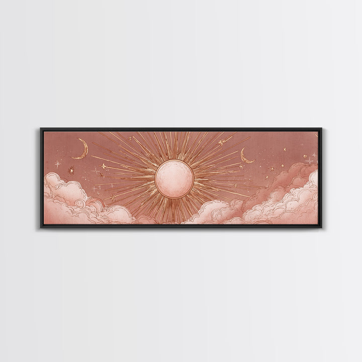 Rose Gold Sun And Twin Moons Wall Art, Celestial Wall Decor, Boho Bedroom Decor, Mystical Large Horizontal Framed Canvas Print