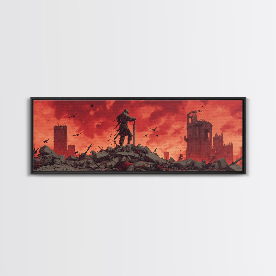 Epic Knight On Battlefield Amid Ruins With Dramatic Red Sky Wall Art Framed Canvas Print For Medieval Decor