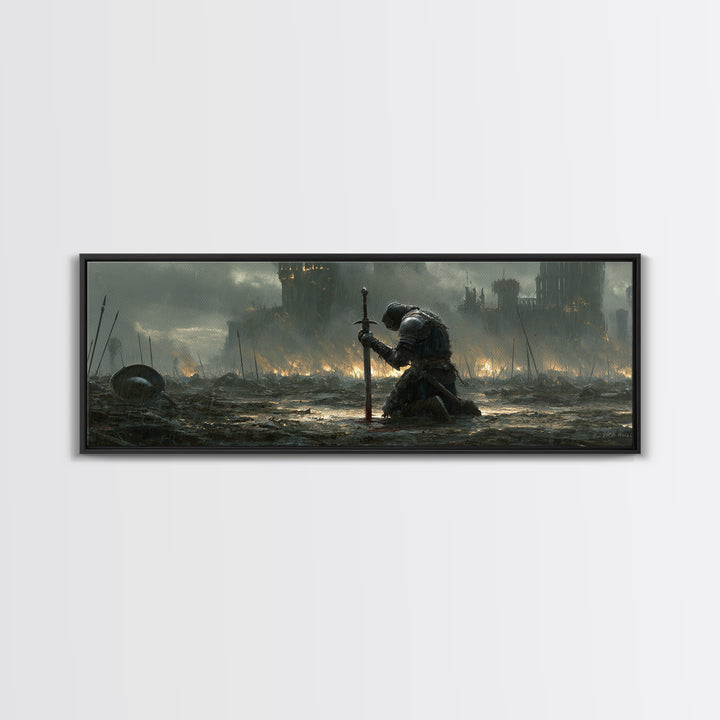 Medieval Knight Kneeling On Battlefield In Rain With Flaming Castle Background Dramatic Wall Art Canvas Print