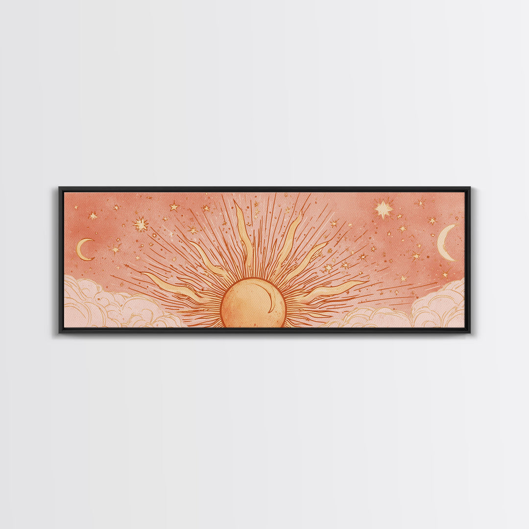 Radiant Orange Sun With Crescent Moons Wall Art, Celestial Wall Decor, Boho Sun And Moon Art, Large Horizontal Canvas Print