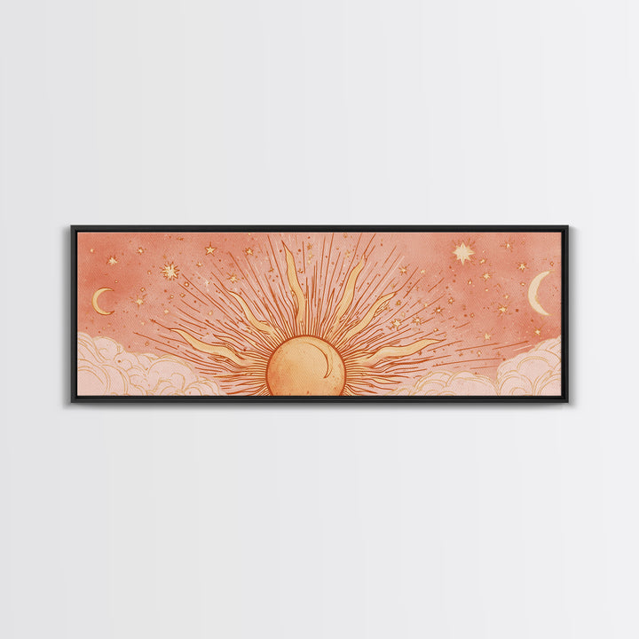 Radiant Orange Sun With Crescent Moons Wall Art, Celestial Wall Decor, Boho Sun And Moon Art, Large Horizontal Canvas Print