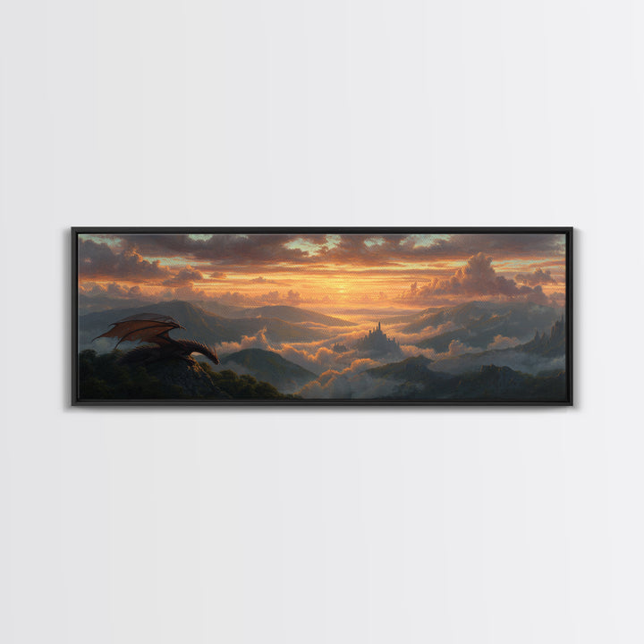 Epic Fantasy Scene With Dragon Flying Over Mountain Landscape At Sunset Large Wall Art Canvas Print For Bedroom Decor
