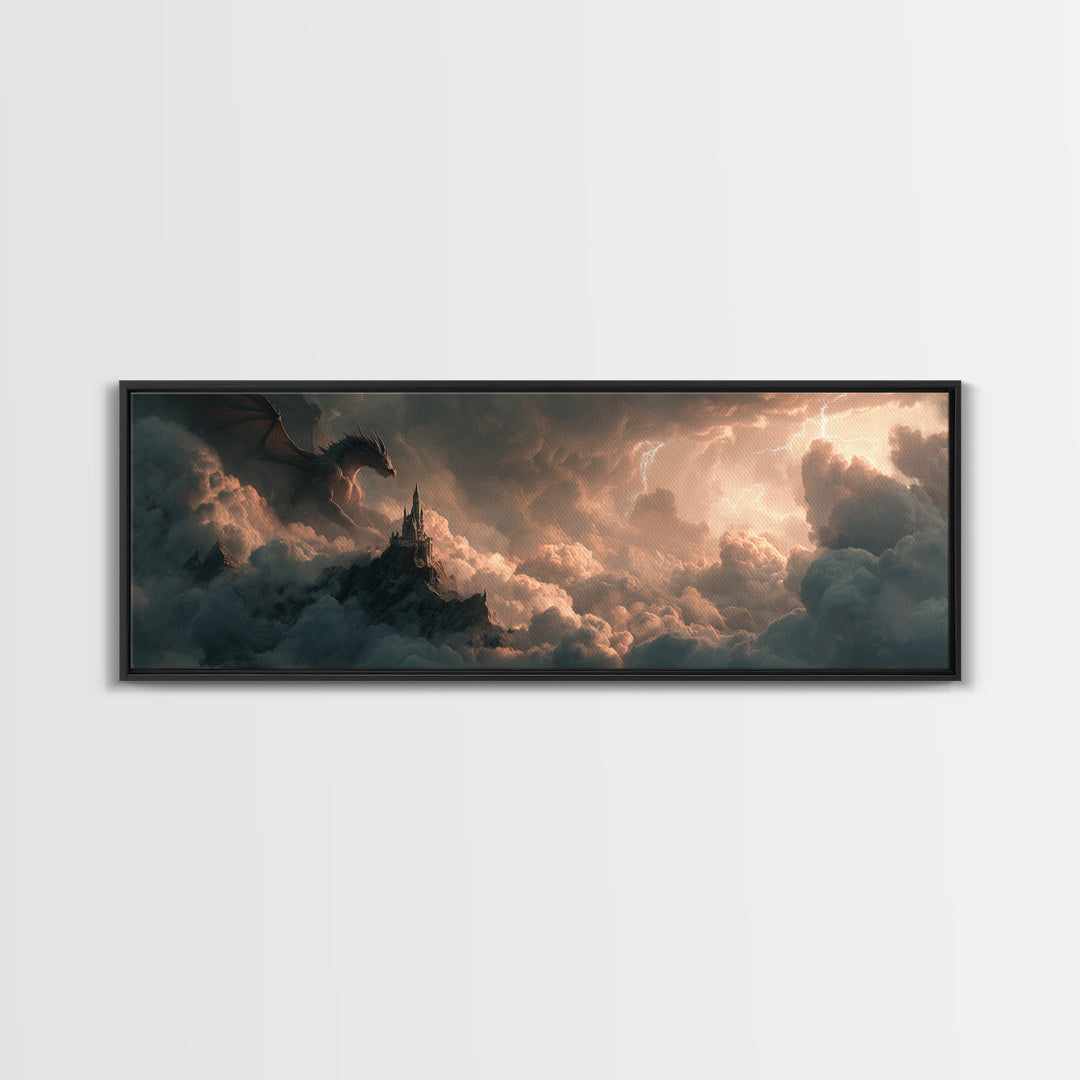 Dark Dragon Castle In Storm Clouds Canvas Print, Epic Fantasy Wall Art, Gothic Decor, Surreal Art, Gift For Gamer, Gaming Room Decor