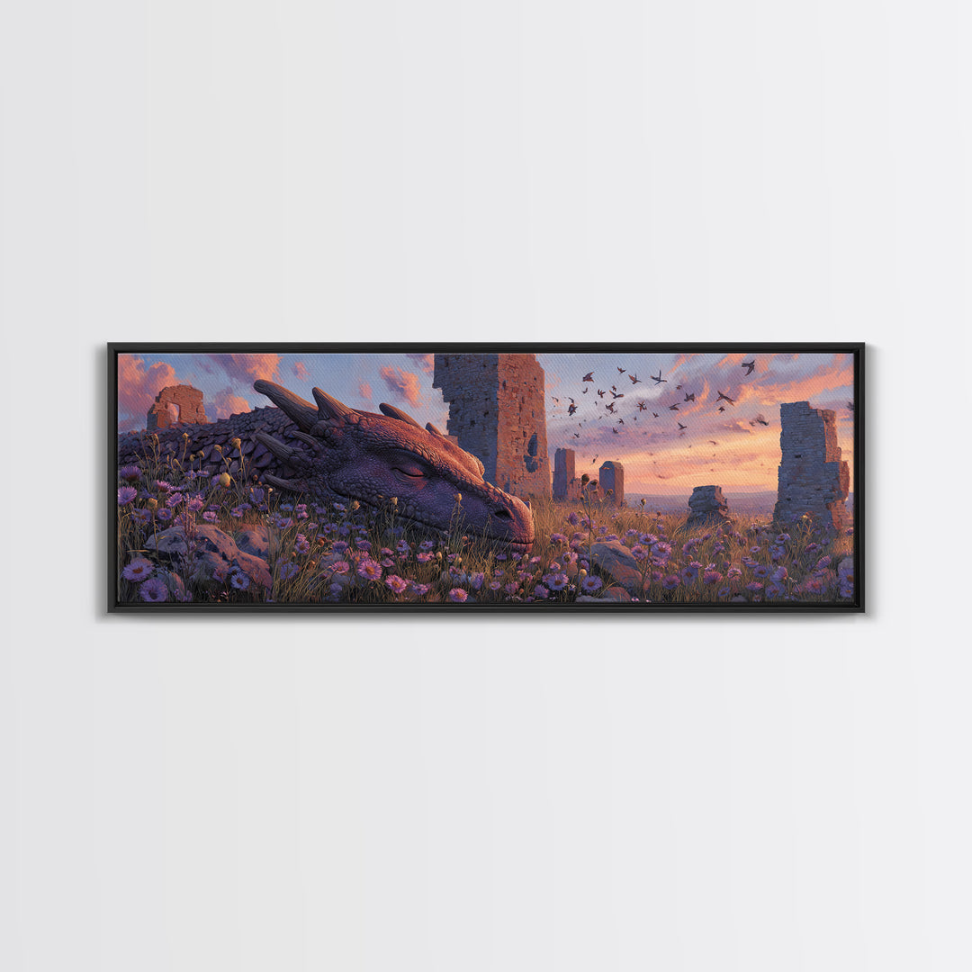 Sleeping Dragon Among Purple Wildflowers With Ancient Ruins Wall Art Print Magical Fantasy Canvas Print