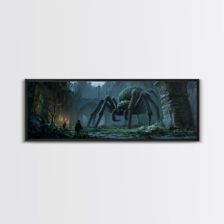 Giant Spider In Ancient Ruins With Adventurers, Dark Fantasy Illustration Wall Art Print, Framed Canvas Print For Gothic And Fantasy Decor