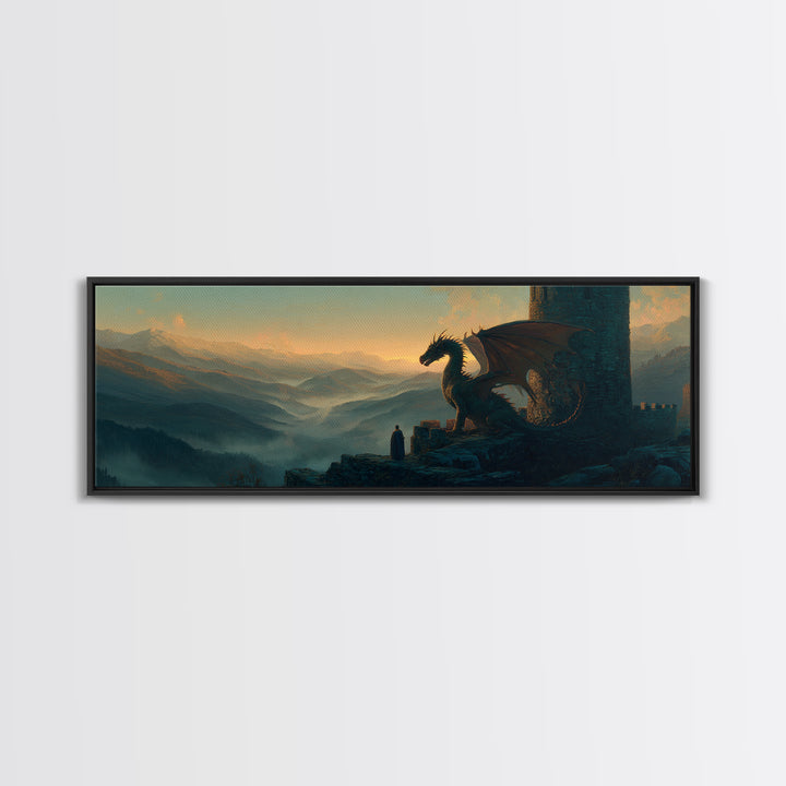 Mystical Scene Of Hooded Figure Facing Dragon On Rocky Ledge Above Foggy Valleys Fantasy Wall Art Canvas Print