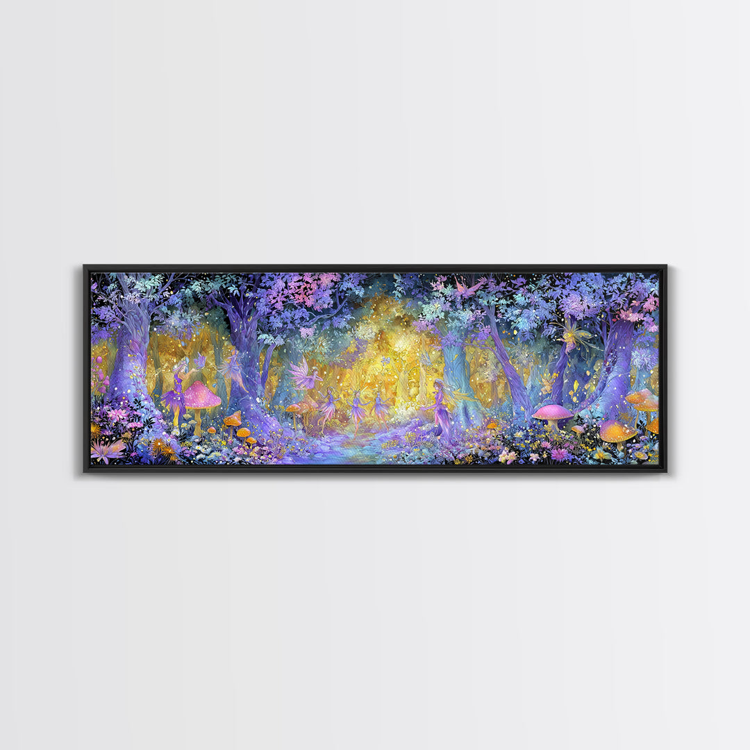 Enchanting Forest Fairy Dance With Magical Mushrooms And Glowing Lights Whimsical Wall Art Framed Canvas Print