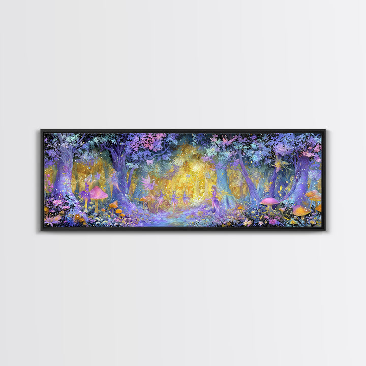 Enchanting Forest Fairy Dance With Magical Mushrooms And Glowing Lights Whimsical Wall Art Framed Canvas Print