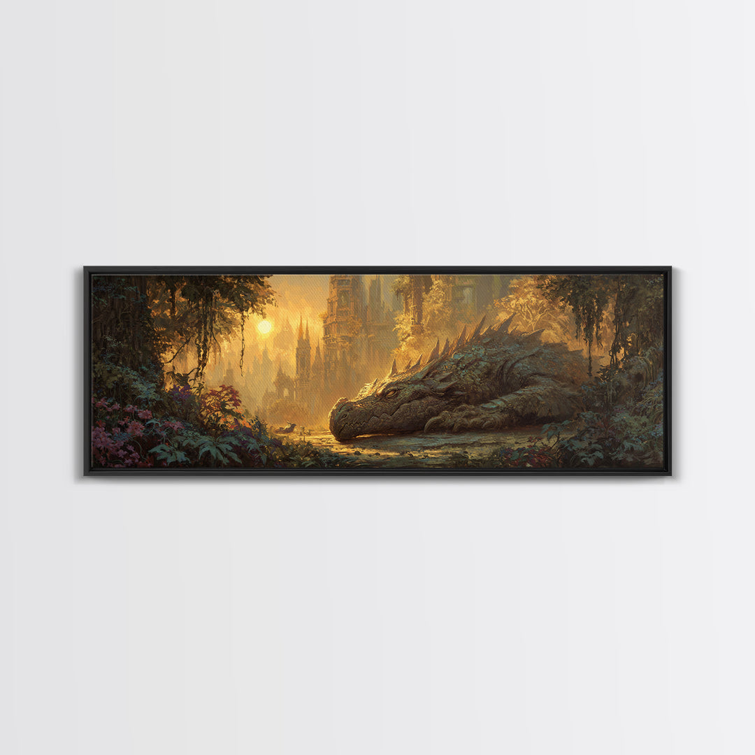 Fantasy Dragon Resting Peacefully In Enchanted Forest With Castle - Magical Fantasy Wall Art Canvas Print For Unique Home Decor