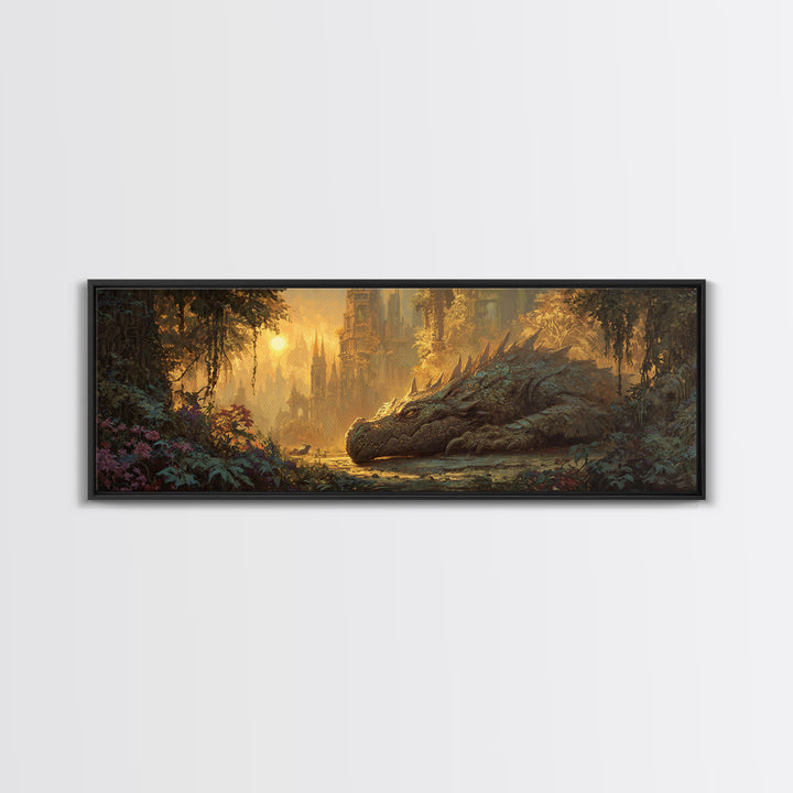 Fantasy Dragon Resting Peacefully In Enchanted Forest With Castle - Magical Fantasy Wall Art Canvas Print For Unique Home Decor