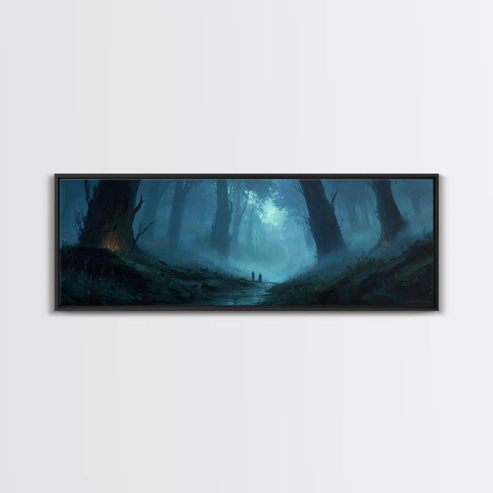 Atmospheric Misty Woodland With Two Figures Walking Through Foggy Forest - Moody Wall Art Canvas Print For Living Room And Bedroom Decor