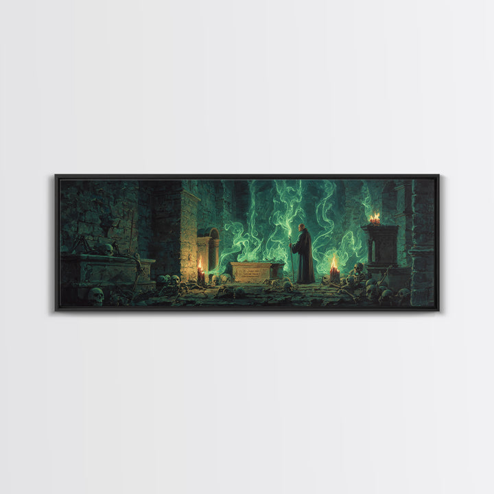 Mystical Wizard In Ancient Crypt With Glowing Green Flames Wall Art Modern Fantasy Decor Framed Canvas Print Unique Gift