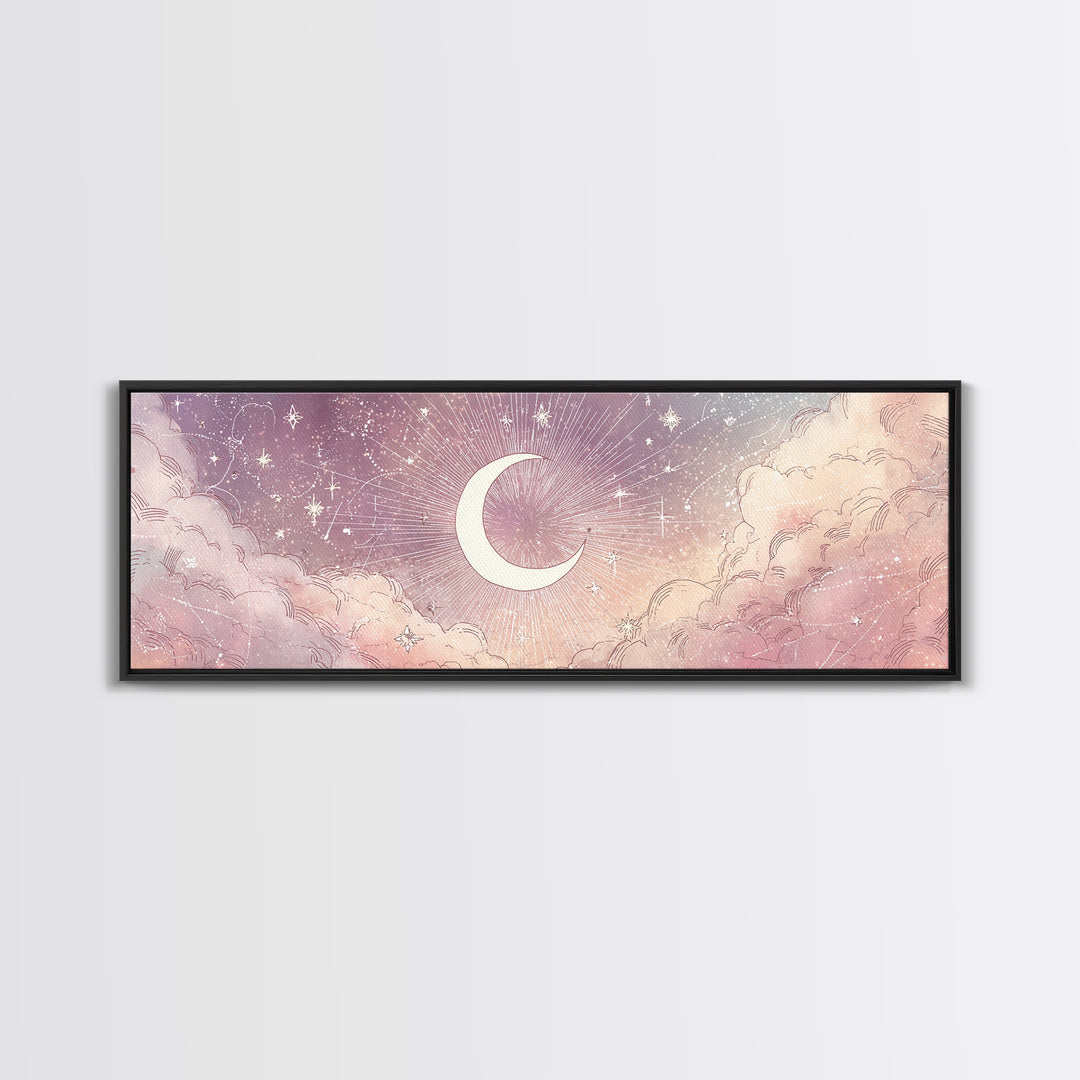 White Crescent Moon Over Pink Clouds Wall Art, Whimsical Celestial Nursery Decor, Dreamy Bedroom Decor, Framed Canvas Print
