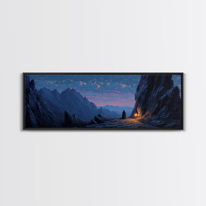 Mystical Knight Under Starry Night Sky Landscape Wall Art Framed Canvas Print For Fantasy Home Decor