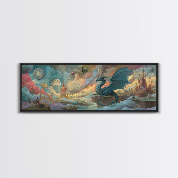 Majestic Blue Dragon Sitting On Floating Islands In Surreal Fantasy Landscape Wall Art Poster Print