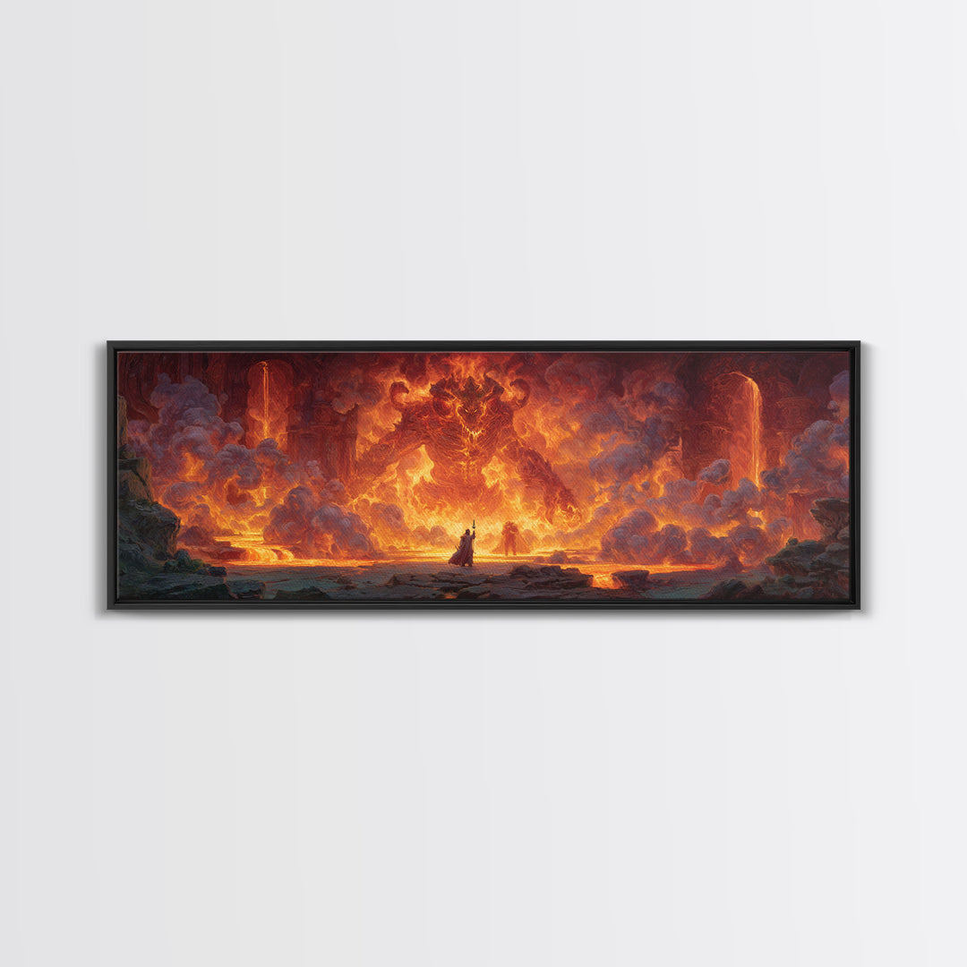 Fire Elemental Giant Facing Brave Warrior In Fiery Landscape Canvas Print Bold Large Wall Art For Dramatic Home Decor