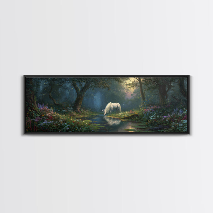 Magical Forest Unicorn Drinking From Stream With Enchanting Light Wall Art Framed Canvas Print For Fantasy Decor Kids Room