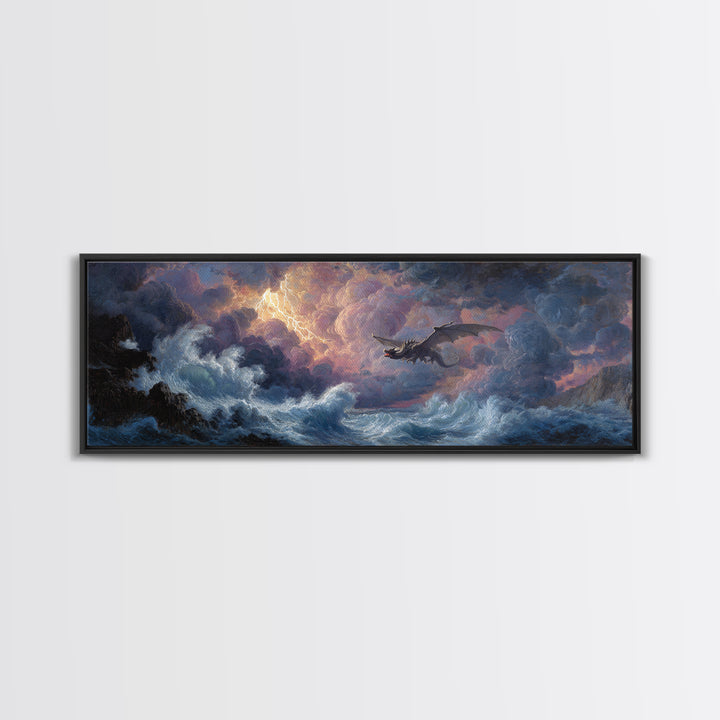 Stormy Seascape With Dragon Emerging From Ocean Waves Fantasy Wall Art Framed Canvas Print For Living Room Decor