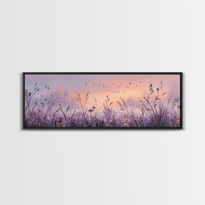 Lavender Wildflower Meadow At Sunset Wall Art, Pastel Nature Wall Decor, Calming Bedroom Decor, Large Horizontal Canvas Print